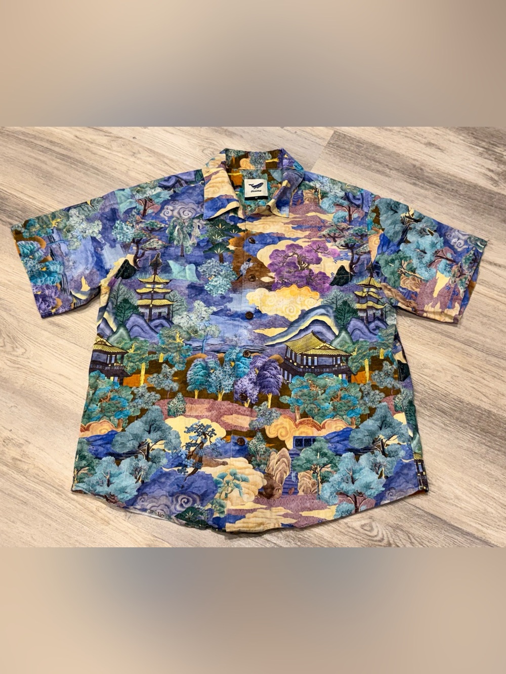 Men's Yiume Japanese Pattern Short Sleeve Button-Up Point Collar Shirt M Rare